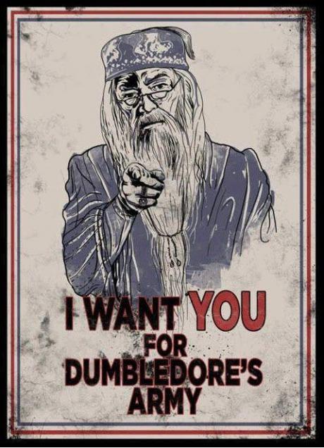 An Uncle Sam-style war poster depicting Albus Dumbledore that says, 'I want YOU for Dumbledore's army!'